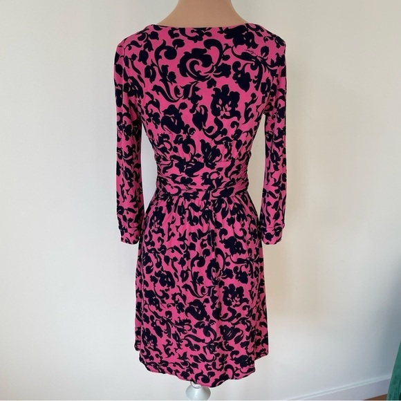 Milly of New York Pink Silk Navy Blue Filagree Floral Print V-Neck Dress Size XS - Picture 3 of 10